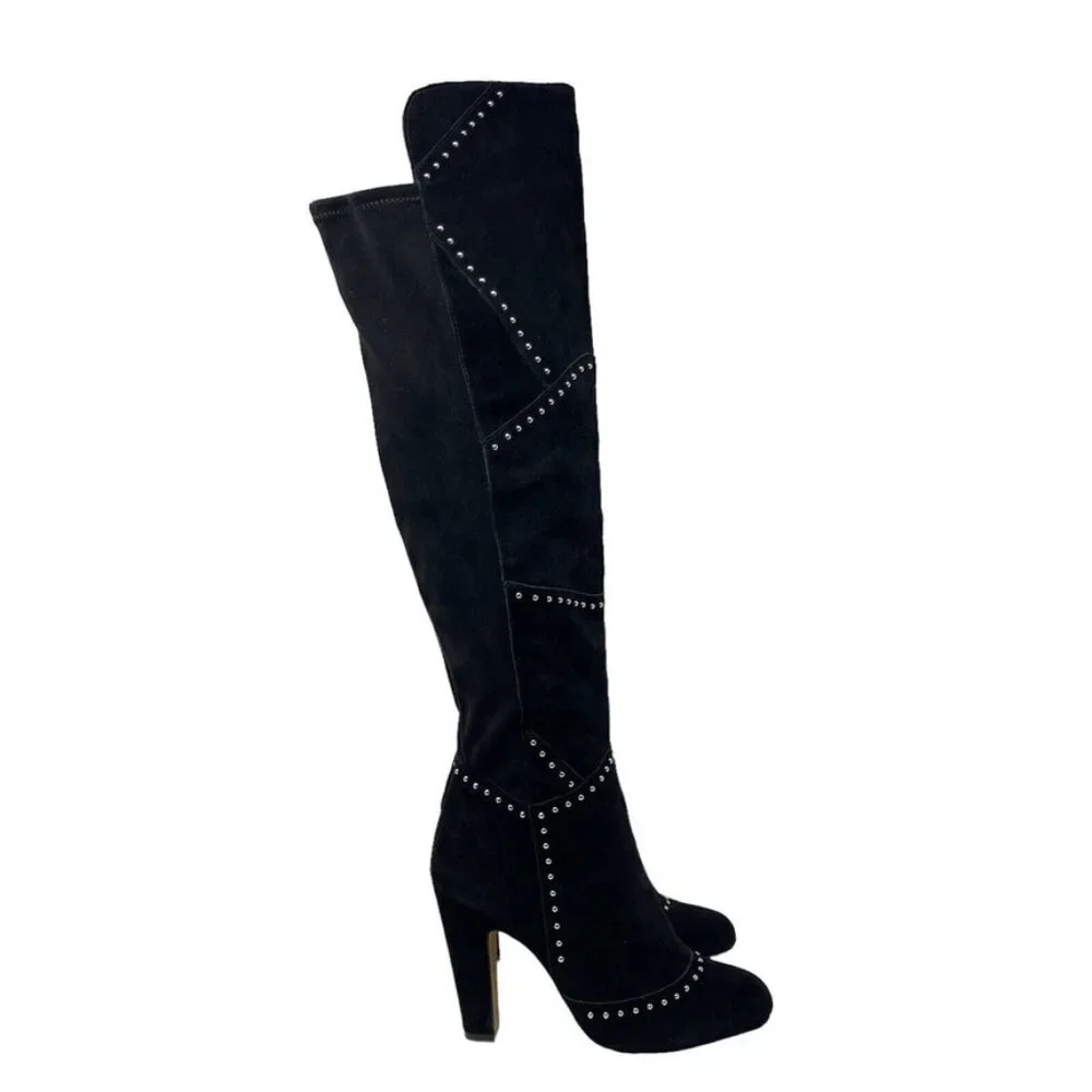 NWOB Vince Camuto VP Carlene Black Embellished Leather Suede Over The Knee Bo…